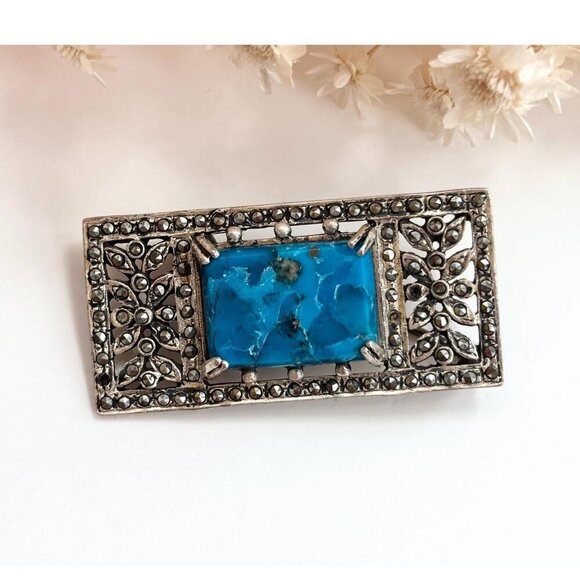 Art Deco Sterling Silver Natural Turquoise Marcasite Double Vintage Brooch Pin - Picture 1 of 10